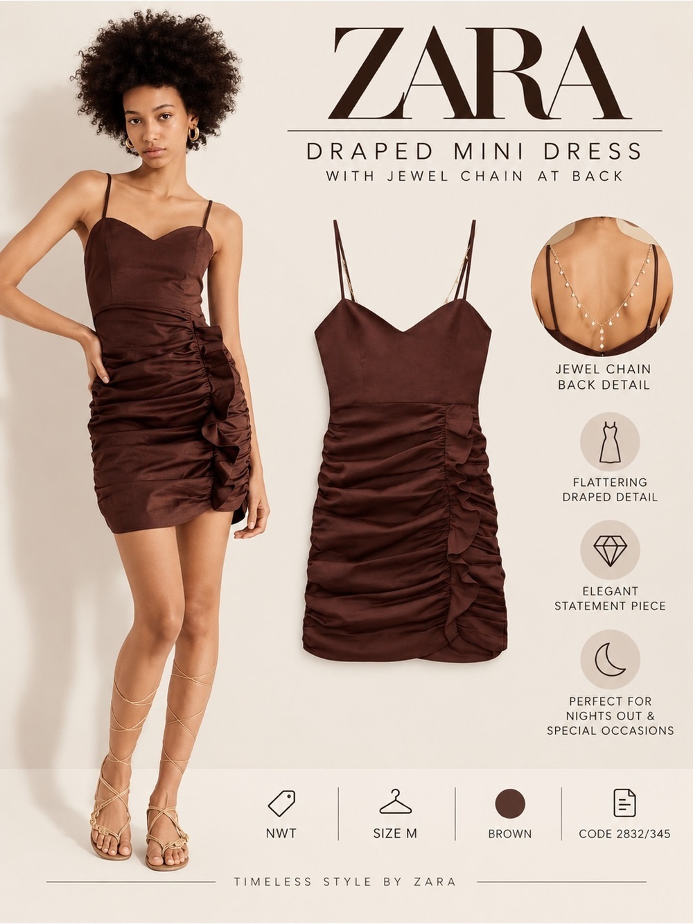 ZARA Brown Draped Ruched Jewel Chain Back Mini Dress Size M NWT